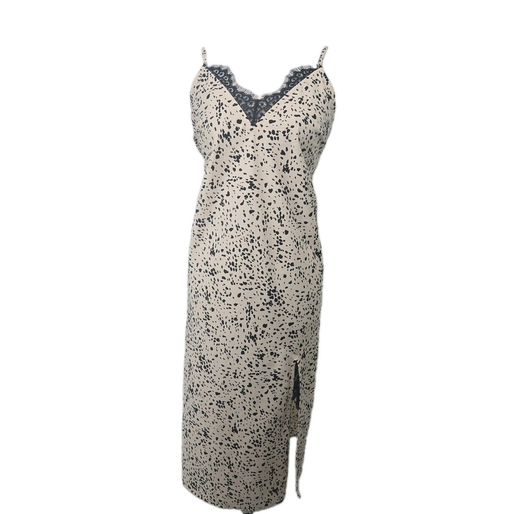 A New Day S Midi Dress Cream Black Dot Print Lace Detail Spaghetti Strap Satin